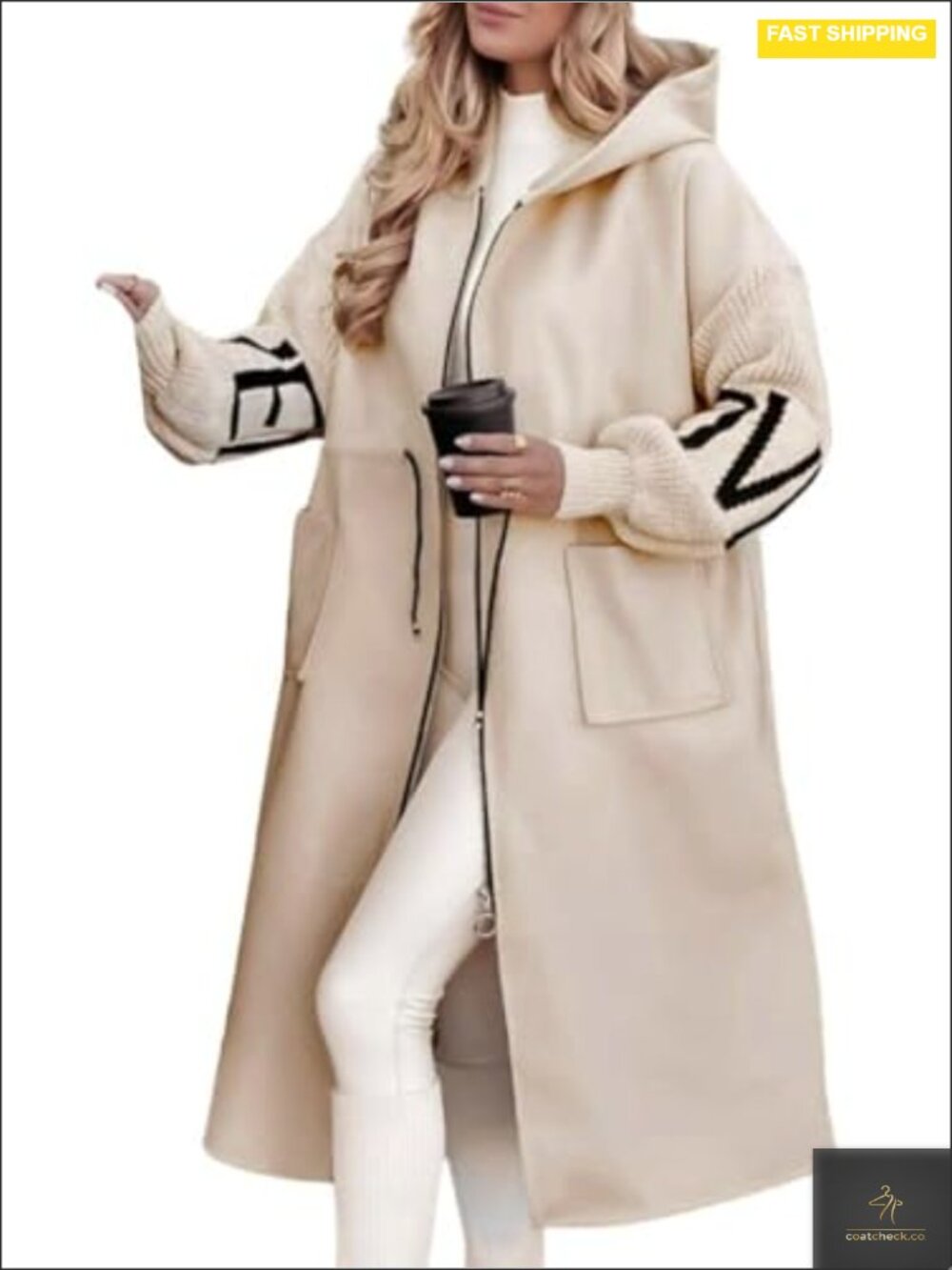 Women's Wool Blend Hooded Trench Coat Zip Up Long Sleeve with Pockets